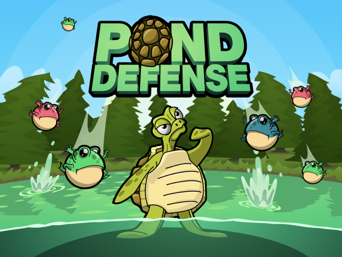Key art for Pond Defense: a turtle standing in a pond with frogs leaping around it