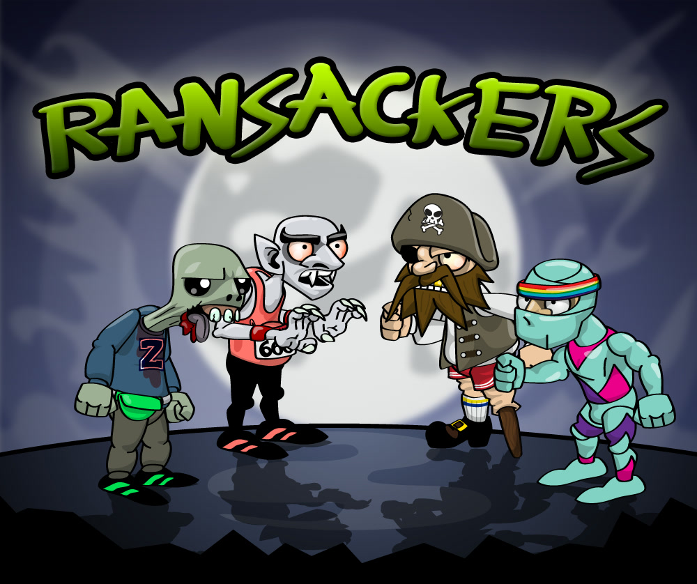Ransackers title art: a zombie, a vampire, a pirate and a ninja facing off under a full moon