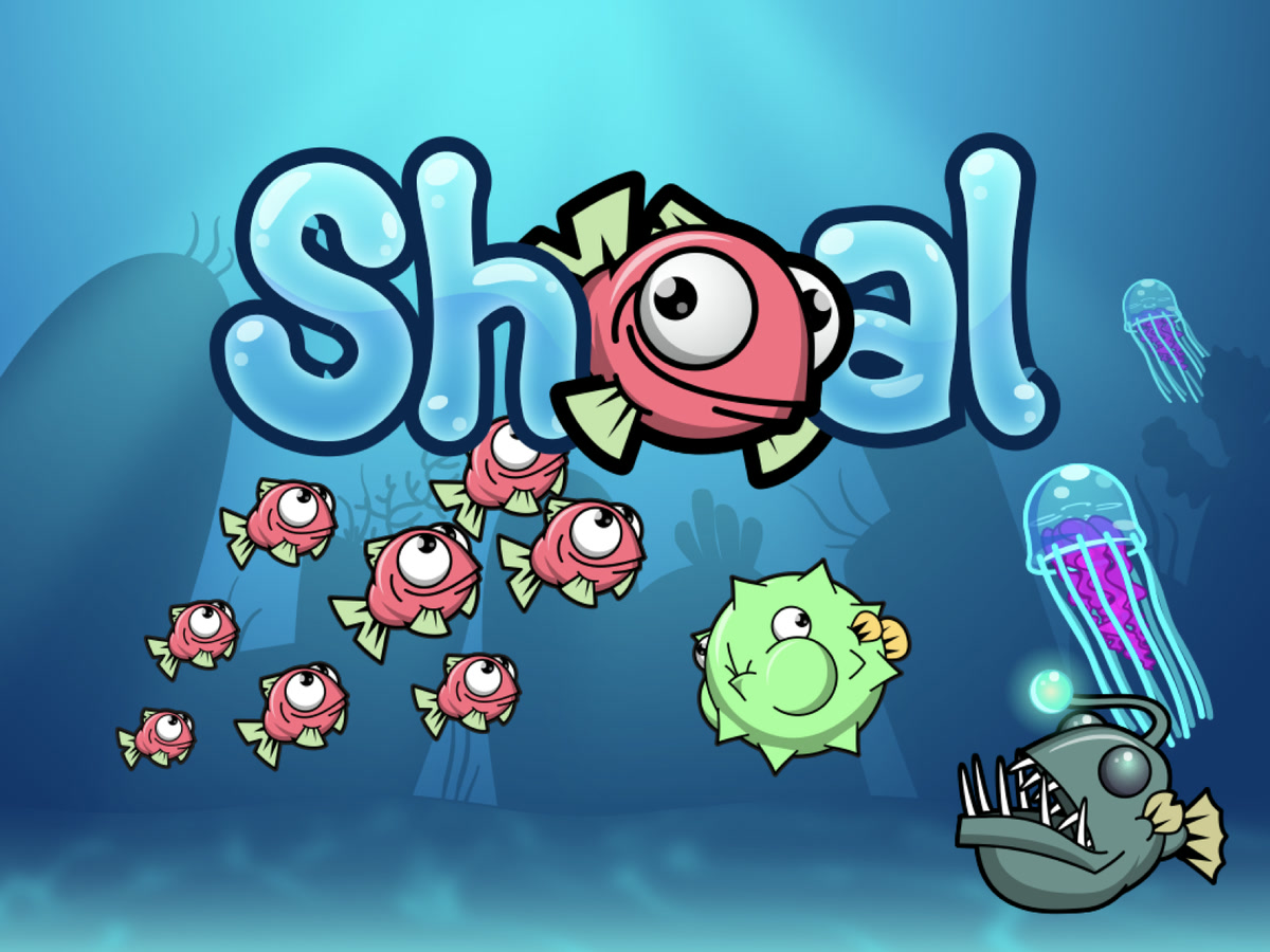 Key art for Shoal: the title, a school of pink fish, a green pufferfish, jellyfish and an anglerfish